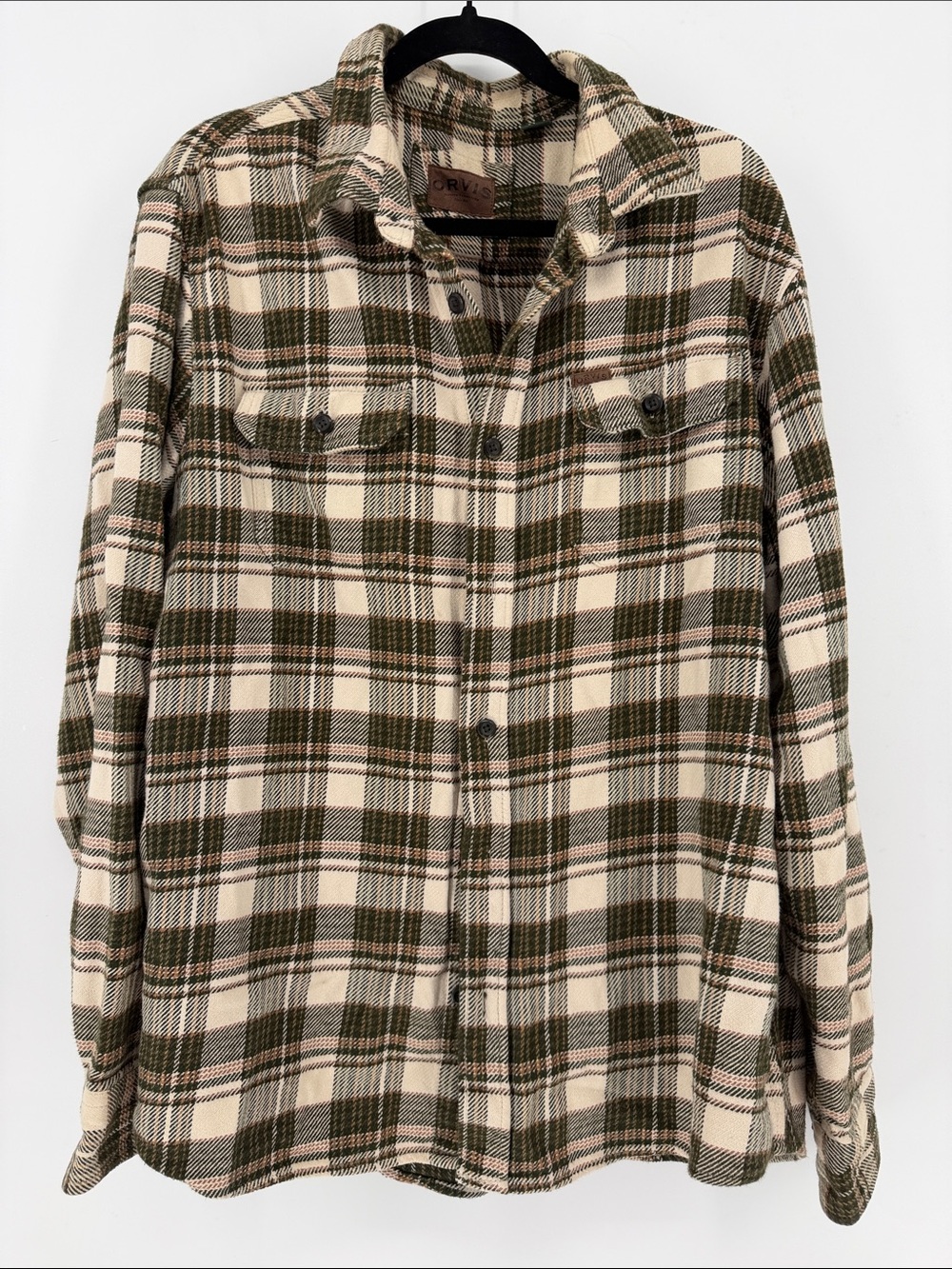 Orvis Men’s XL Plaid Cotton Flannel Button Front Shirt Olive Cream